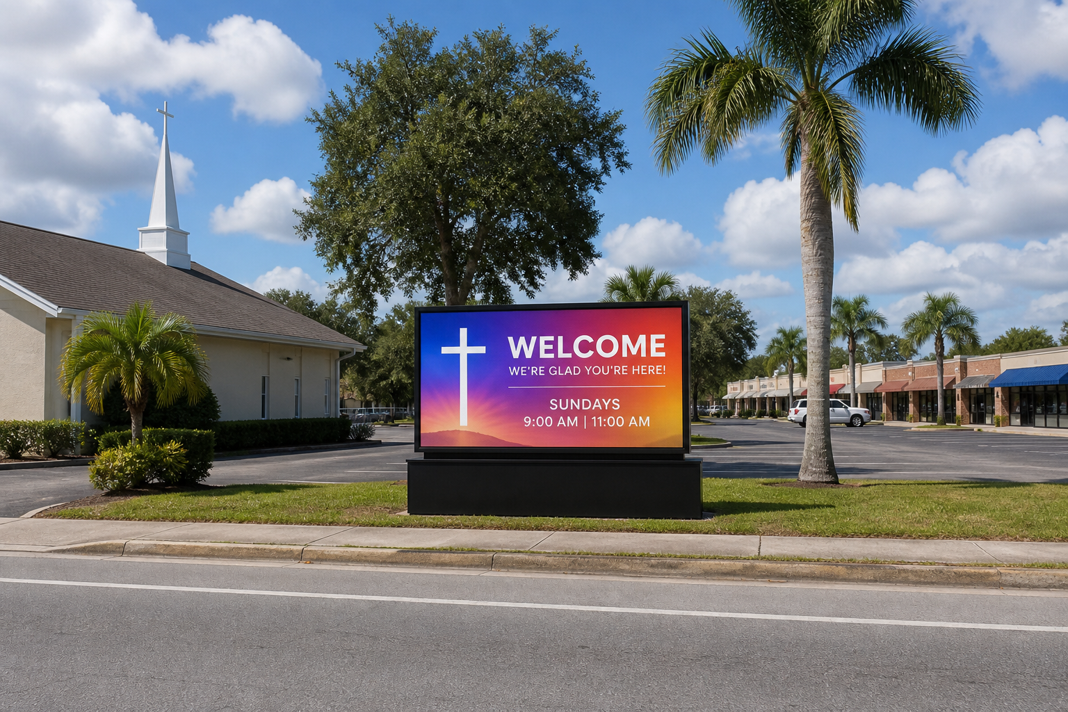Permanent 4x8 full-color LED monument sign installed outside a church