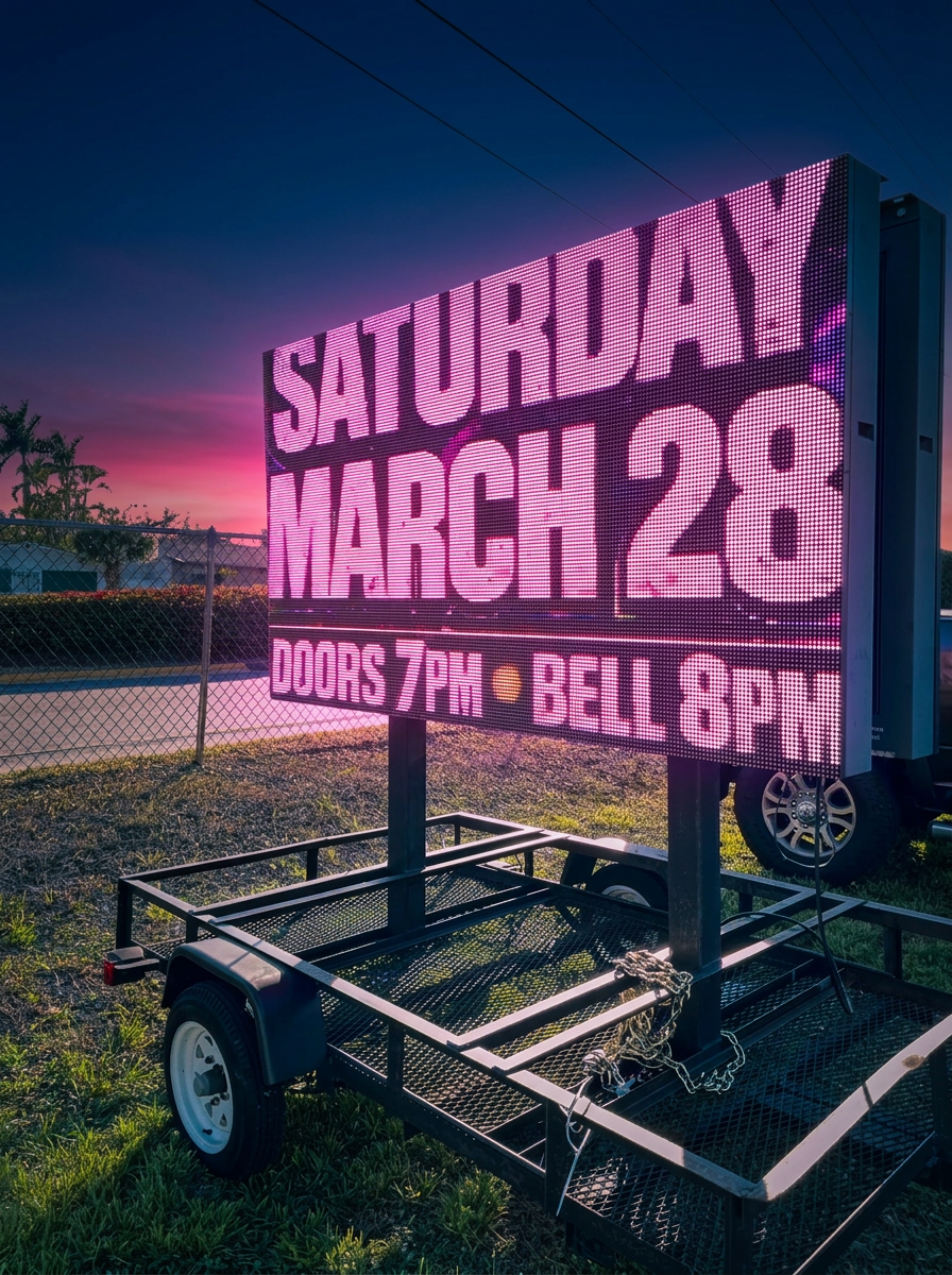 LED sign trailer parked on a lot at dusk displaying an event announcement in bright pink LEDs